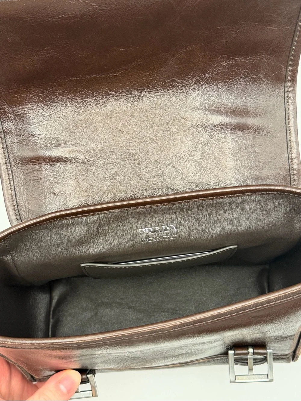 Prada Brown Leather Messenger Bag with Buckle Straps